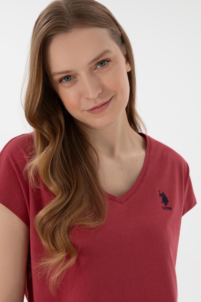 Kadın Vişne V Yaka Basic Tişört - 50305825097