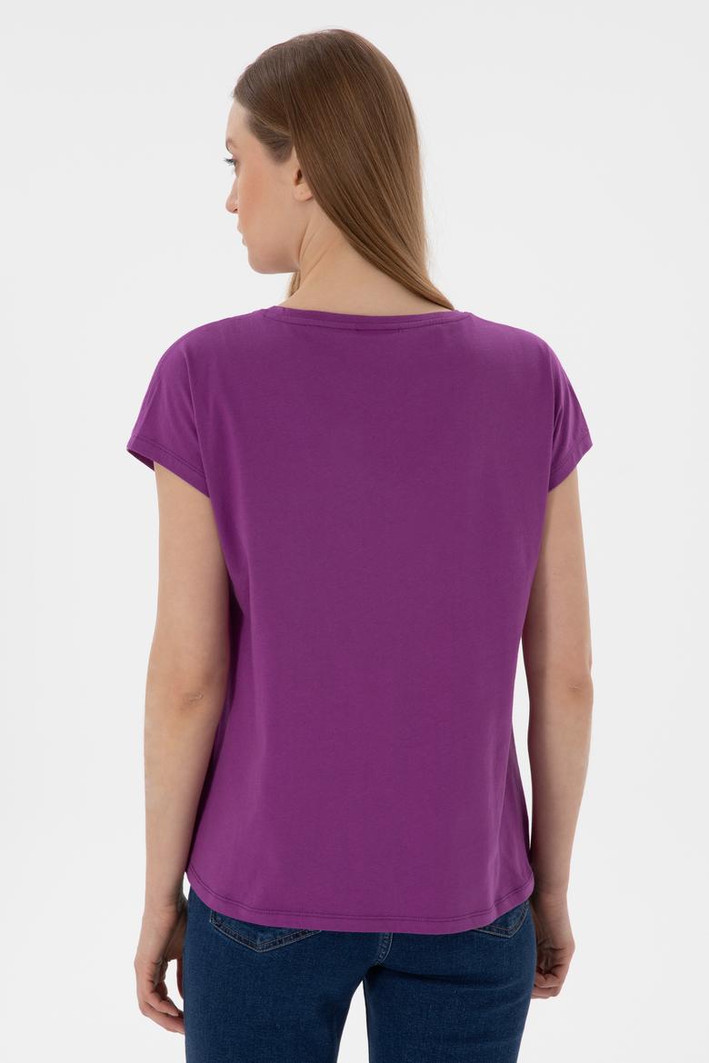 Kadın Mor V Yaka Basic Tişört - 50305825073