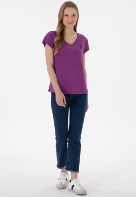 Kadın Mor V Yaka Basic Tişört - 50305825073