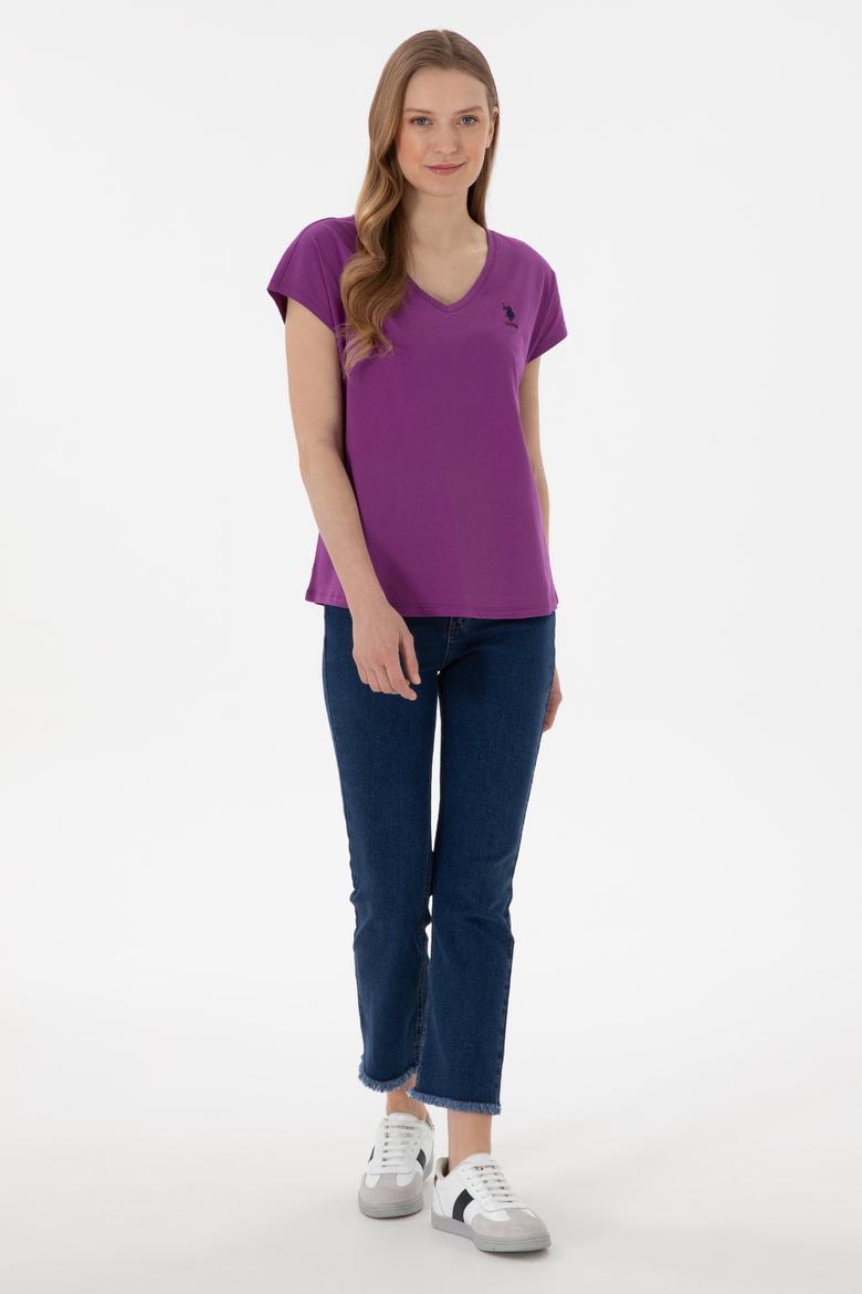 Kadın Mor V Yaka Basic Tişört - 50305825073