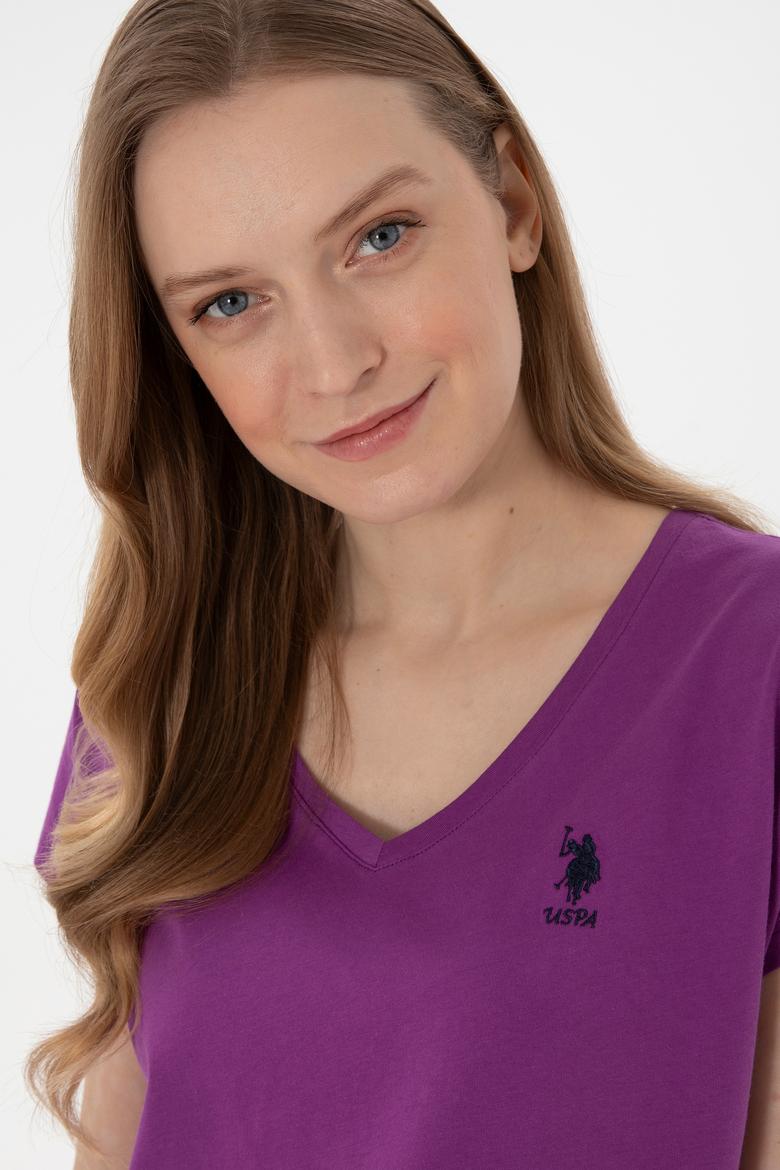 Kadın Mor V Yaka Basic Tişört - 50305825073