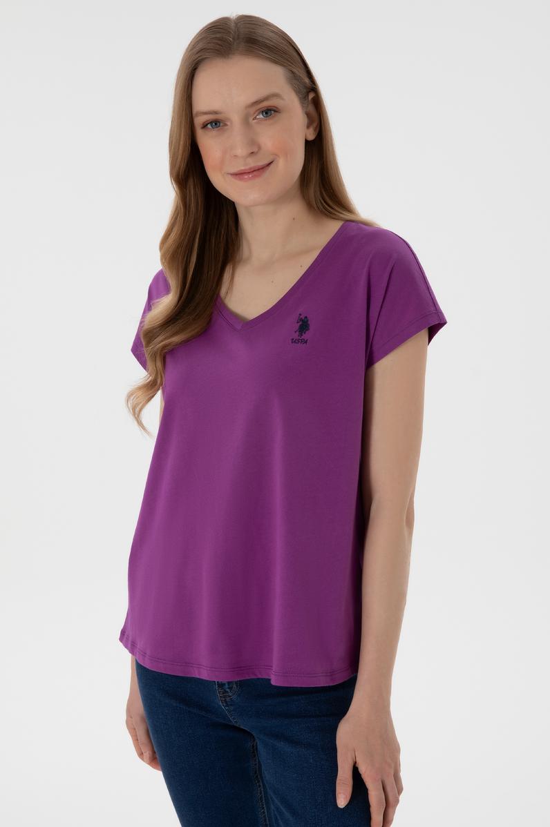 Kadın Mor V Yaka Basic Tişört