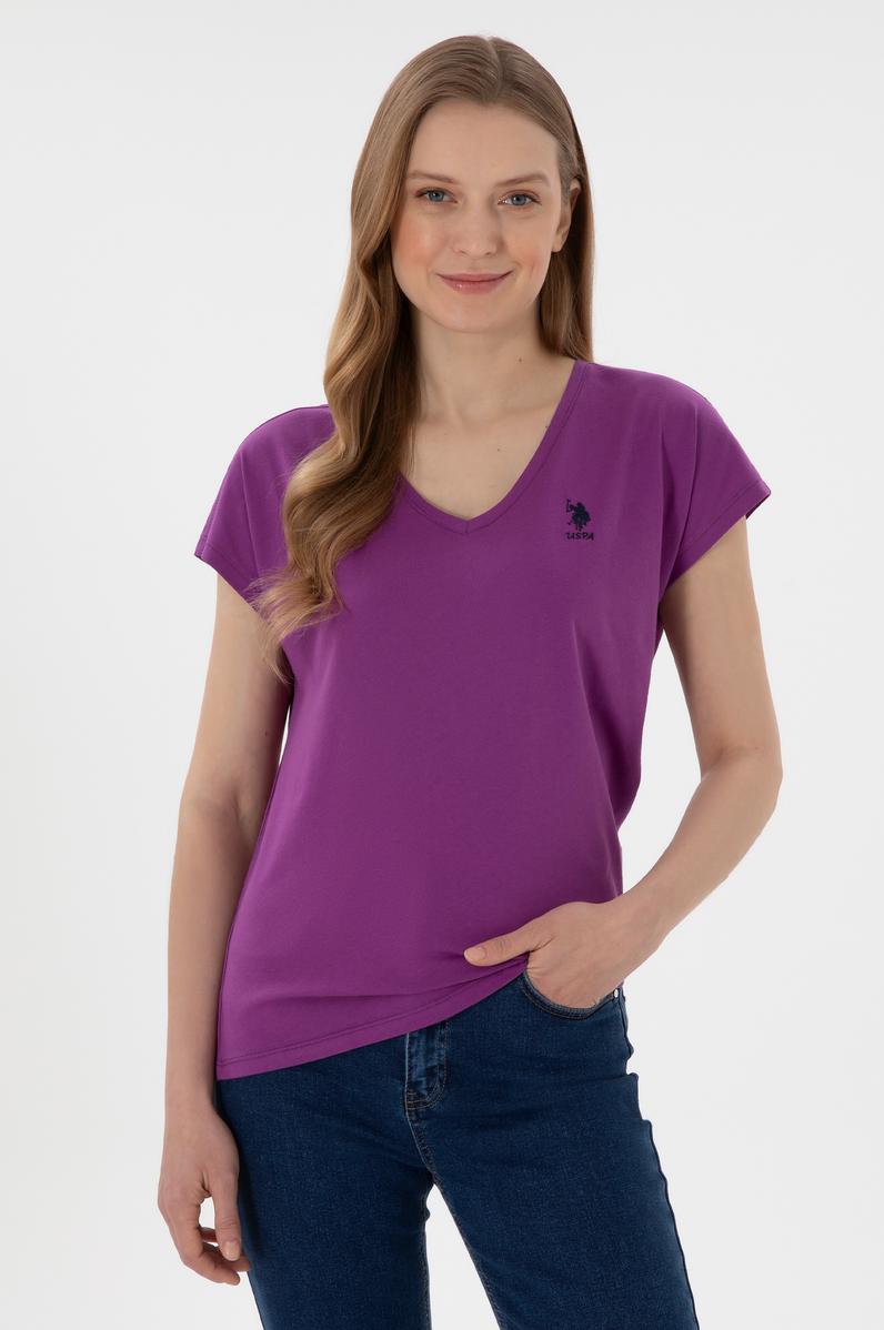 Kadın Mor V Yaka Basic Tişört