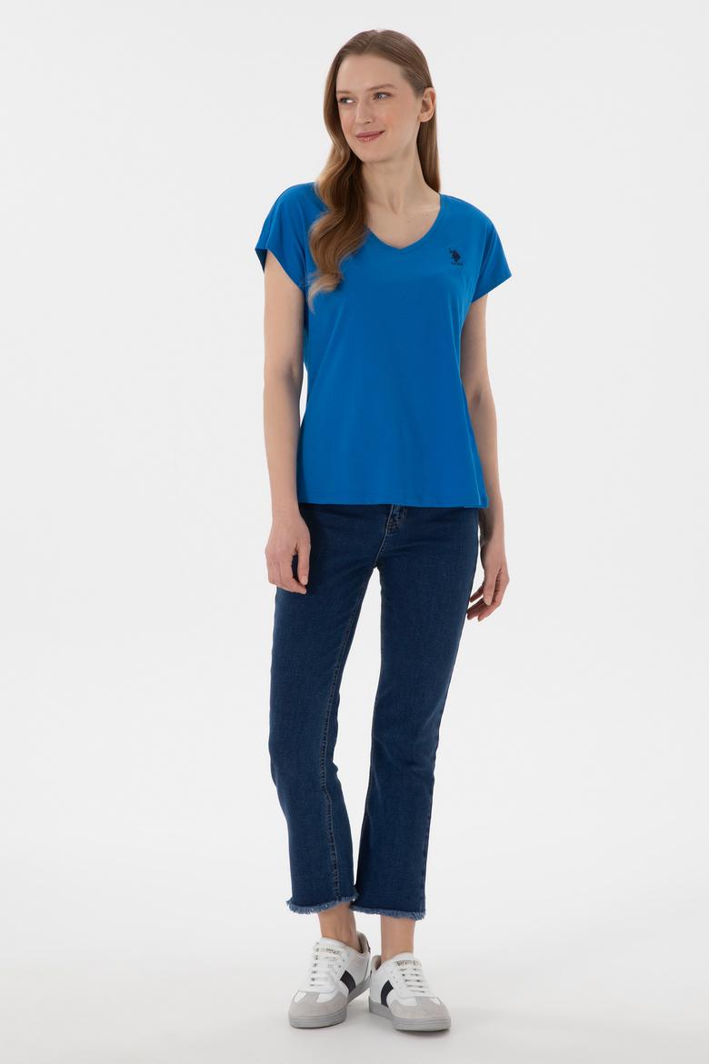 Kadın Kobalt Mavi V Yaka Basic Tişört - 50305825086