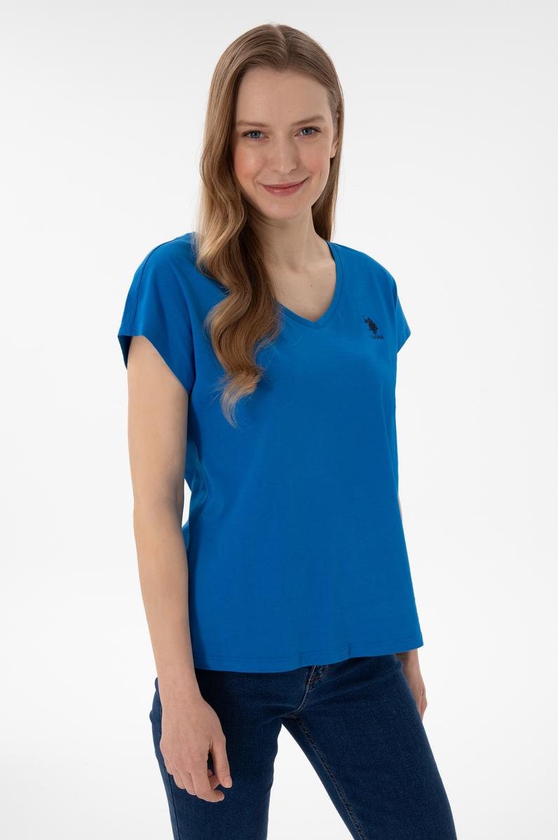 Kadın Kobalt Mavi V Yaka Basic Tişört