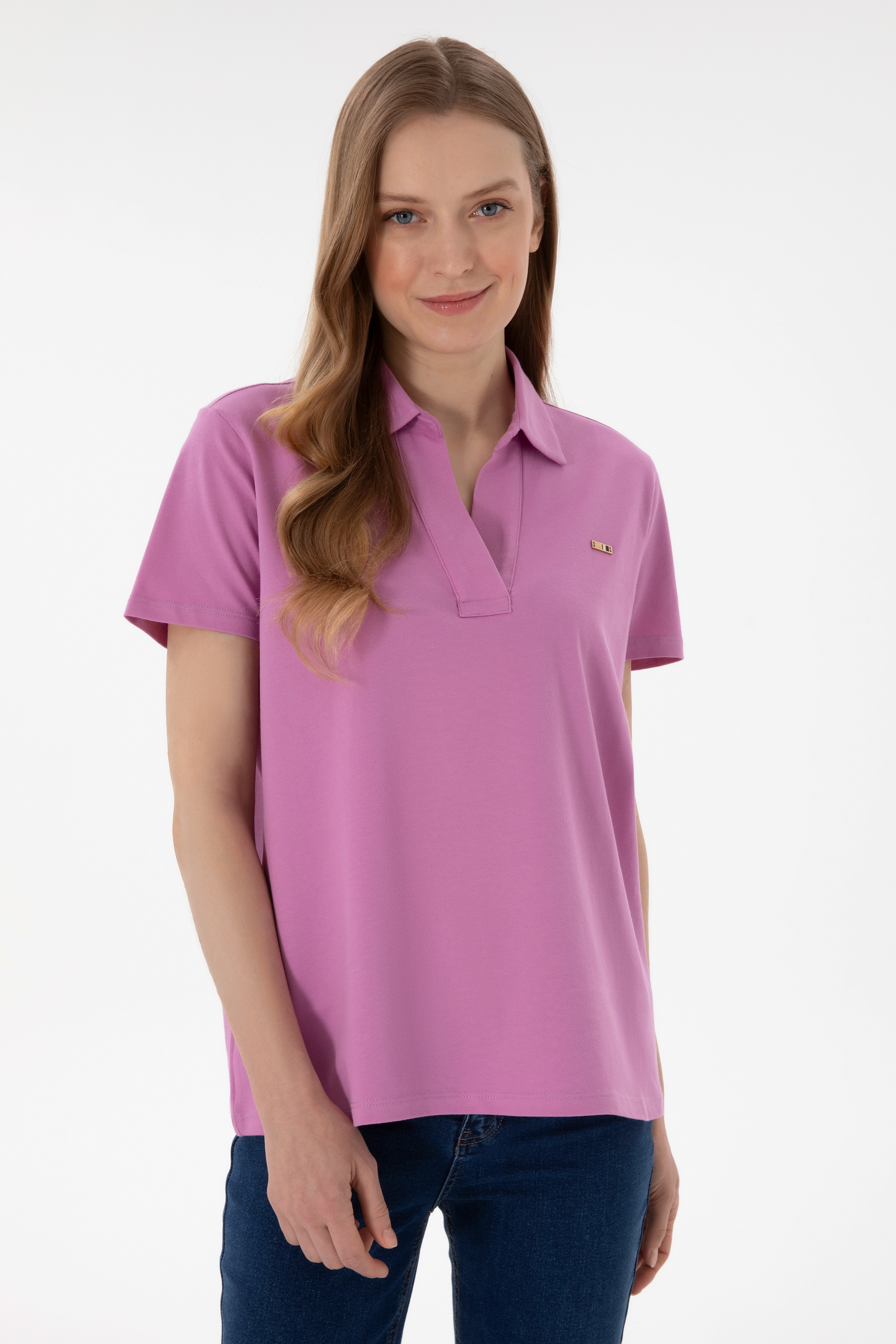 Kadın Pembe Basic Polo Yaka Tişört - Image 2