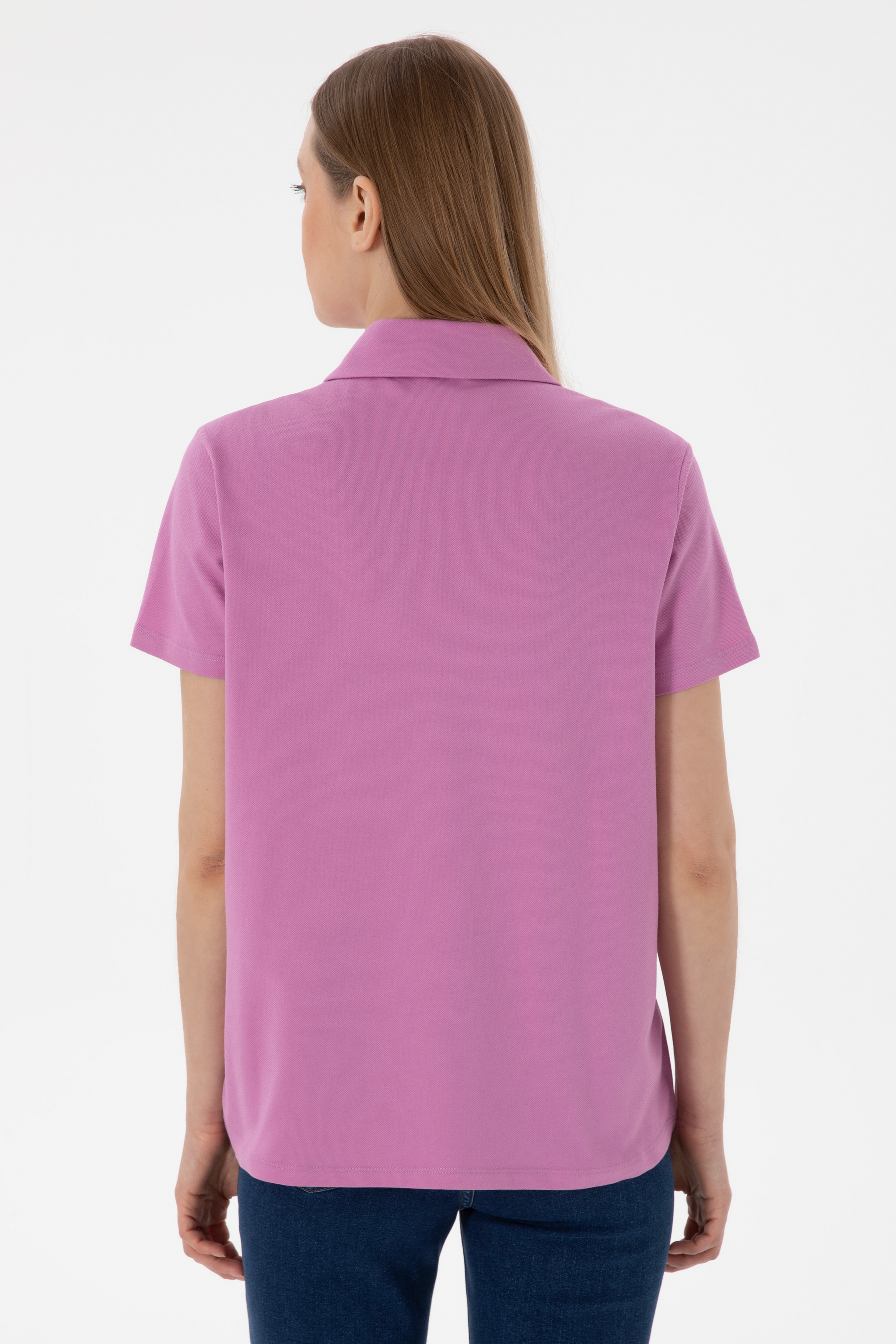 Kadın Pembe Basic Polo Yaka Tişört - Image 6