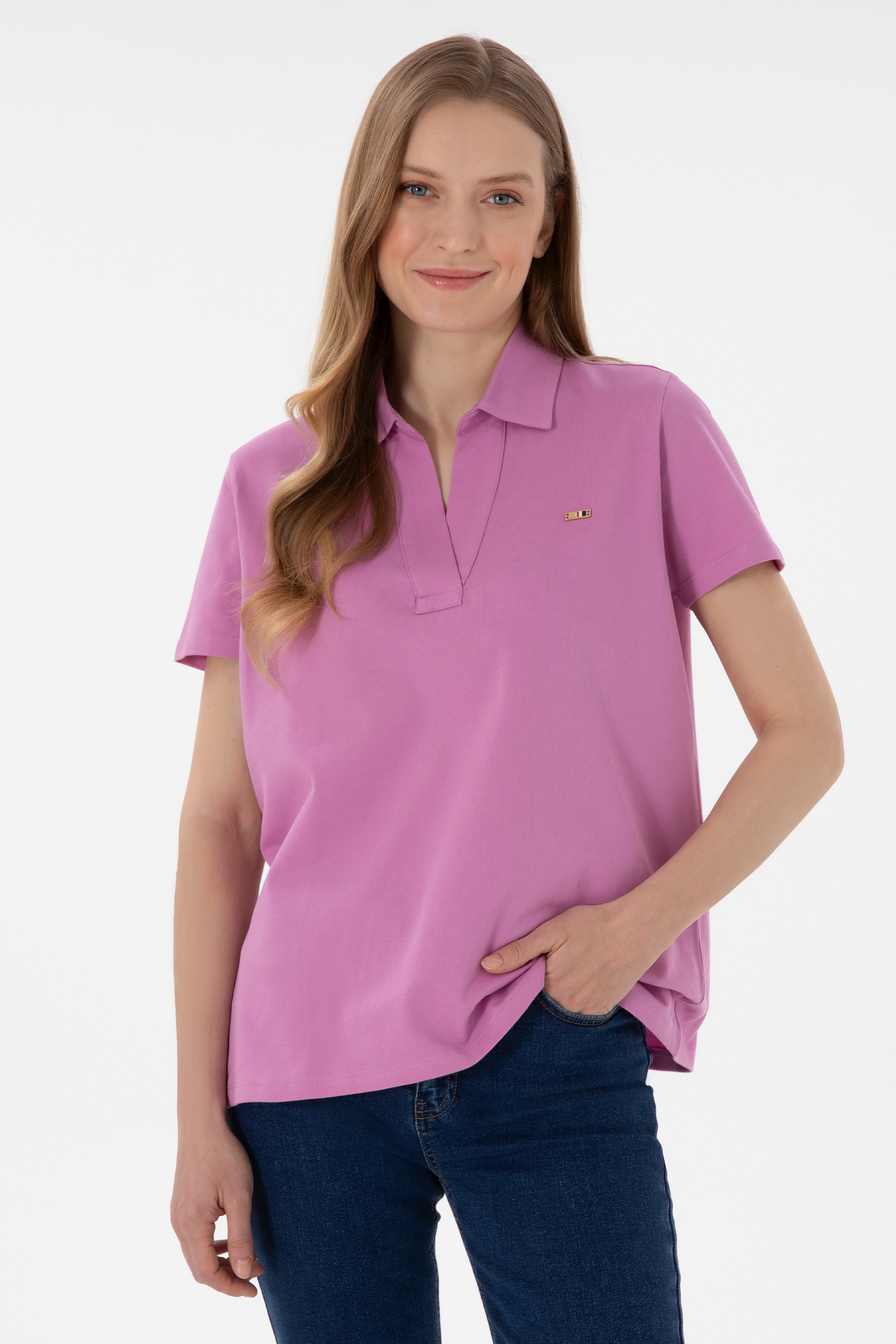 Kadın Pembe Basic Polo Yaka Tişört - Image 1