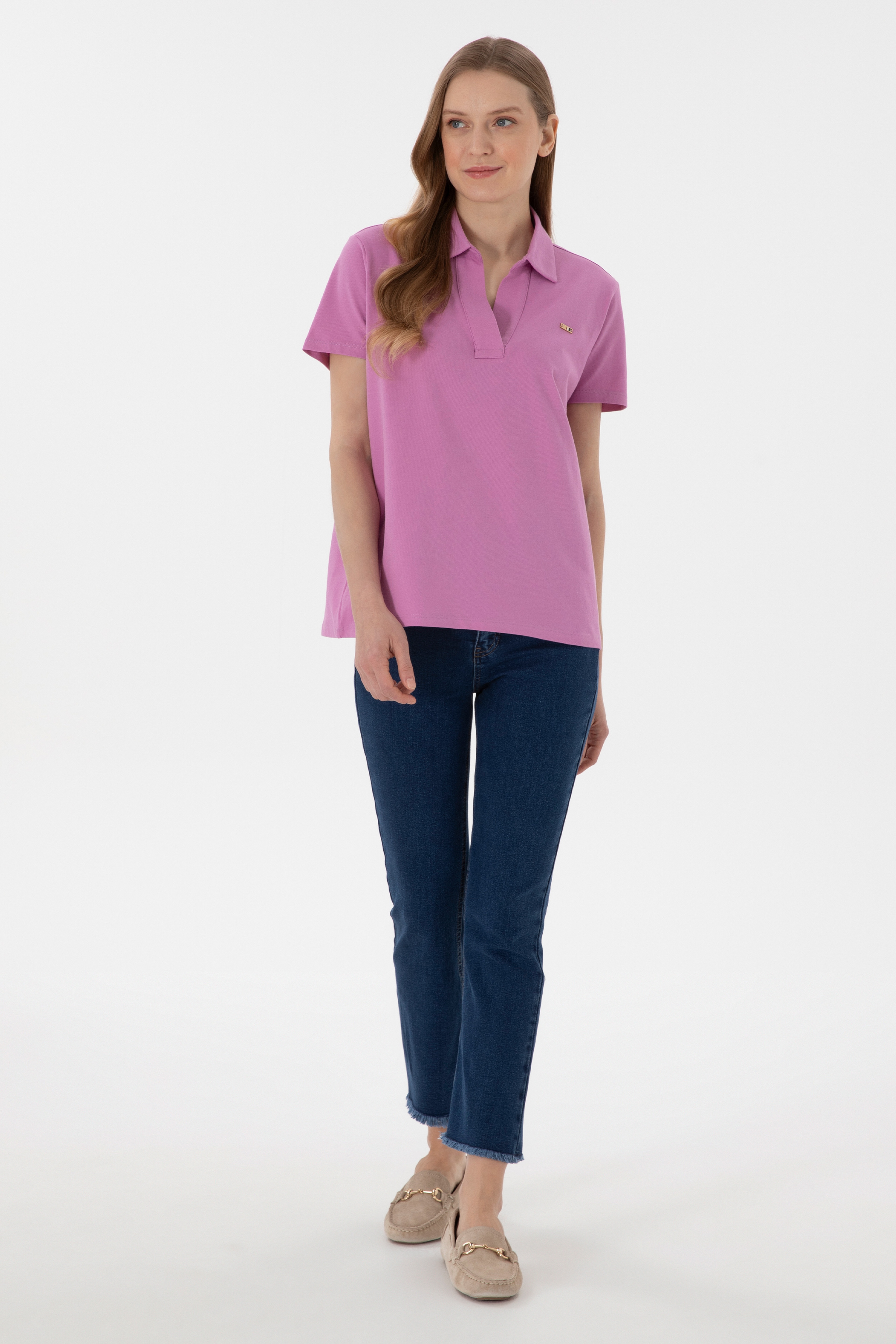 Kadın Pembe Basic Polo Yaka Tişört - Image 5