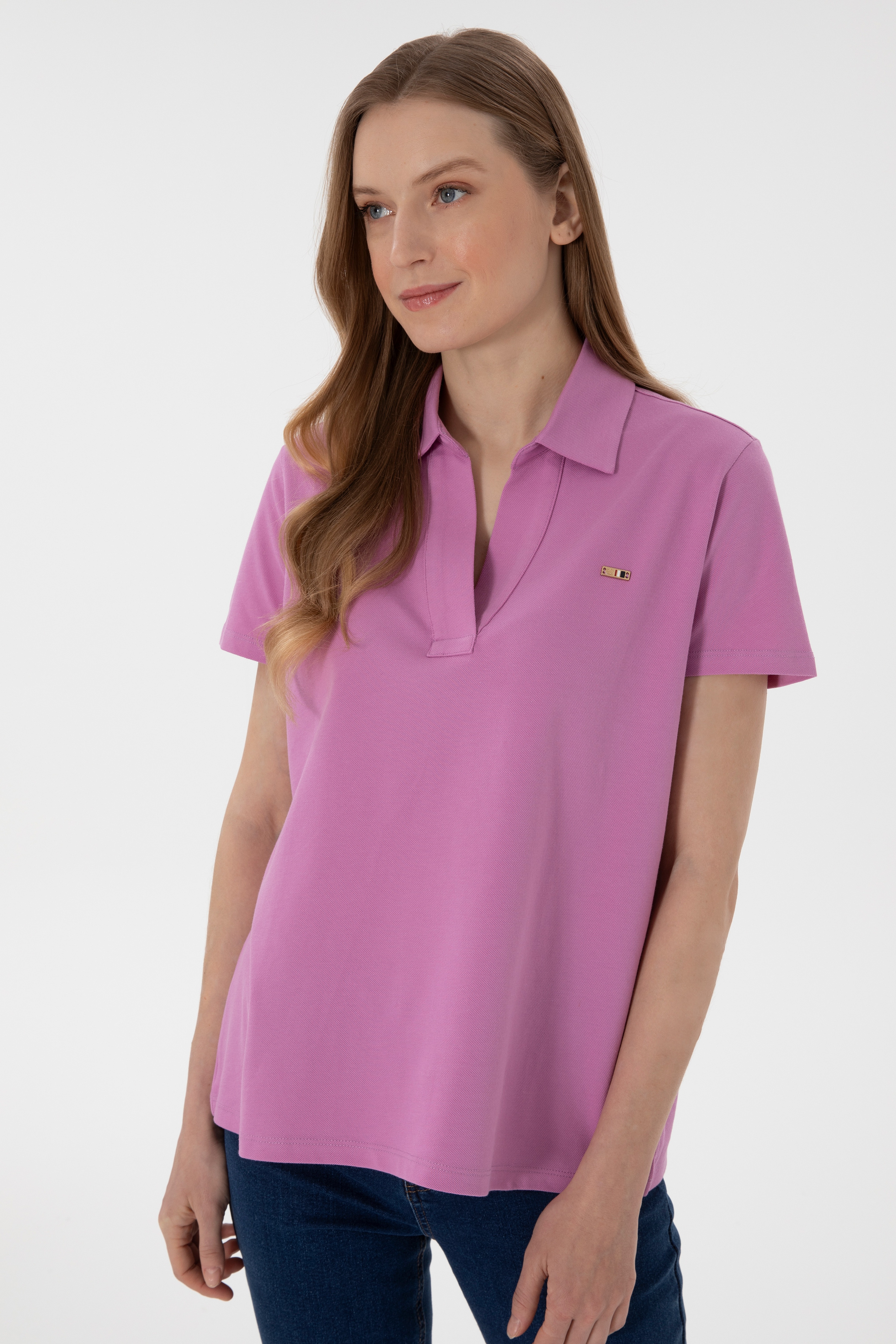 Kadın Pembe Basic Polo Yaka Tişört - Image 4