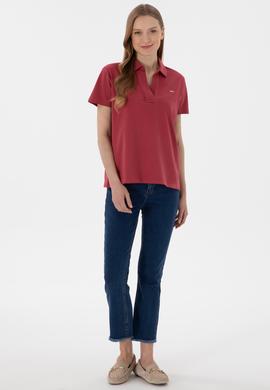 Kadın Vişne Basic Polo Yaka Tişört - 50305700095