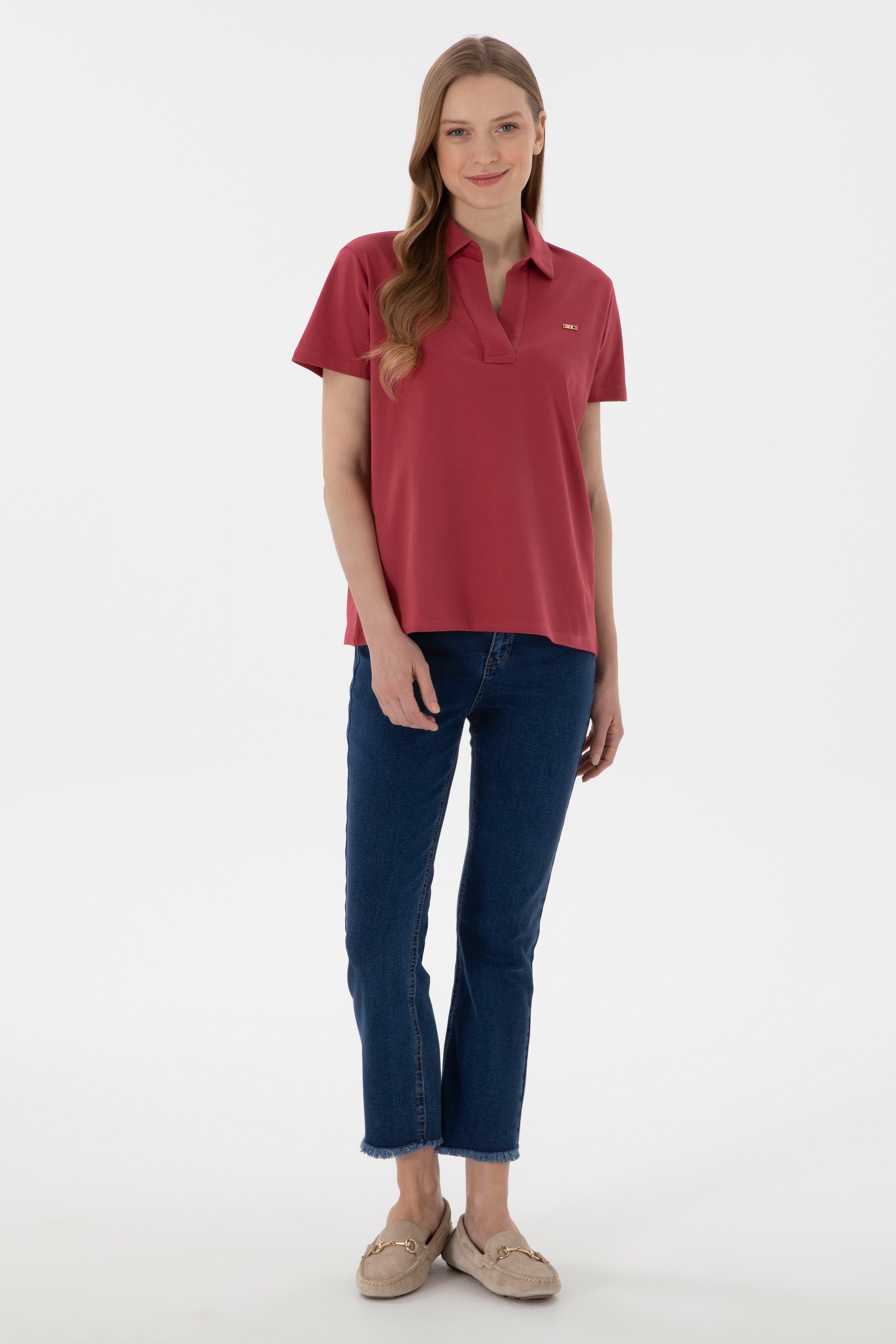 Kadın Vişne Basic Polo Yaka Tişört - Image 5