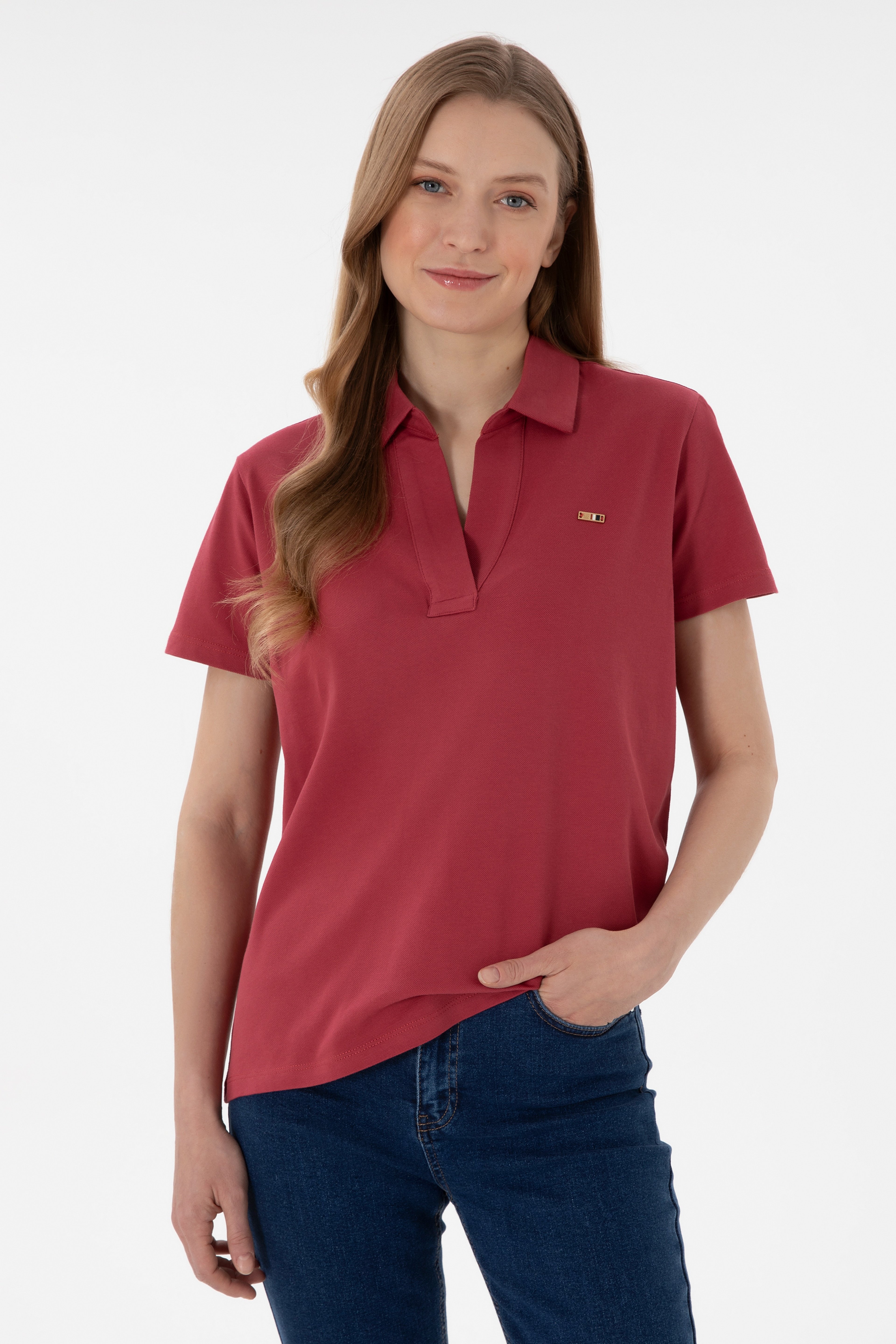 Kadın Vişne Basic Polo Yaka Tişört - Image 1