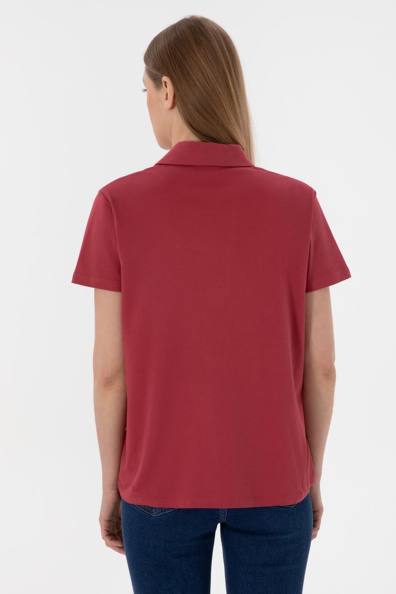 Kadın Vişne Basic Polo Yaka Tişört - 50305700095