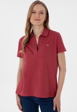 Kadın Vişne Basic Polo Yaka Tişört - 50305700095