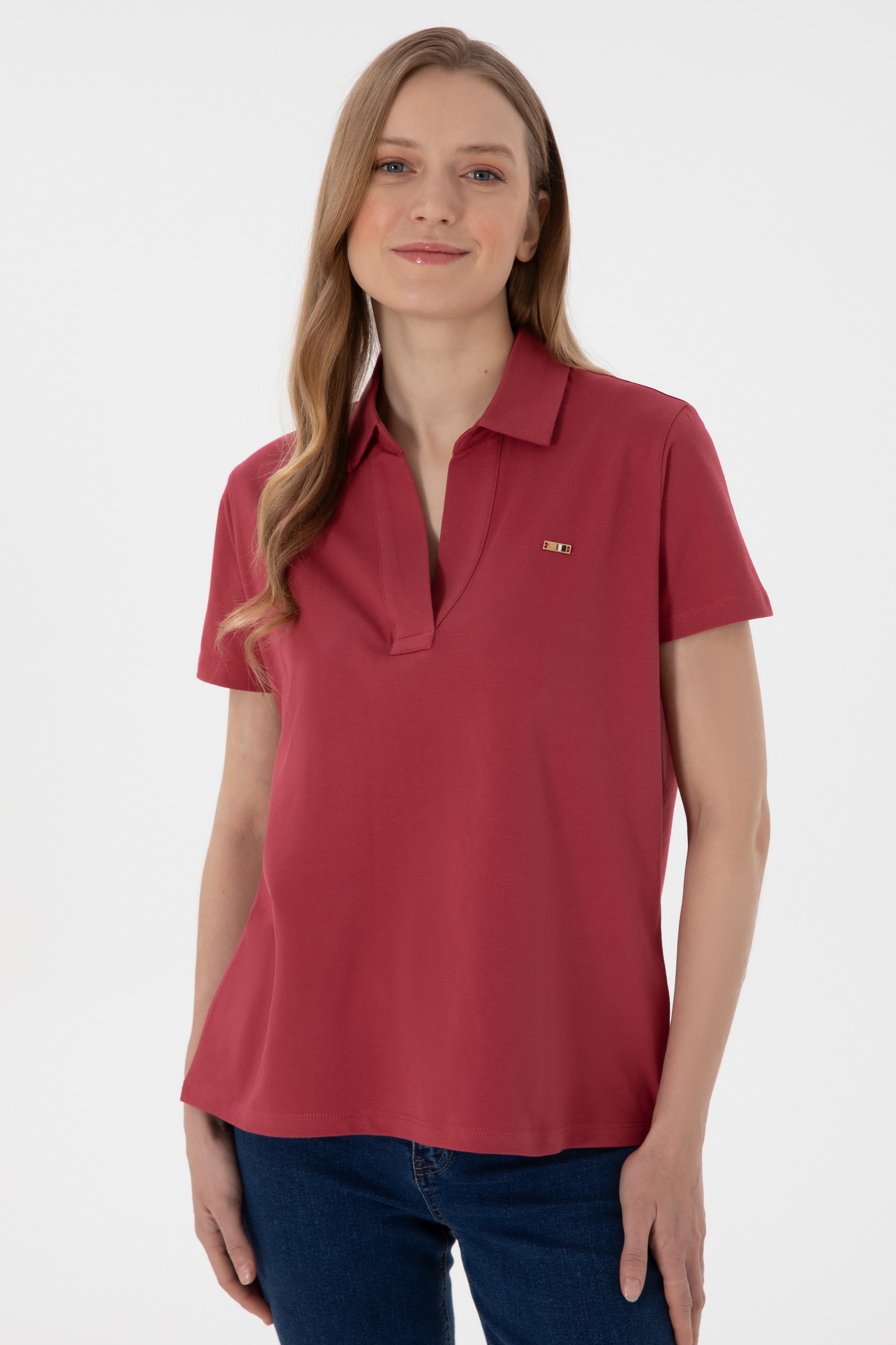 Kadın Vişne Basic Polo Yaka Tişört