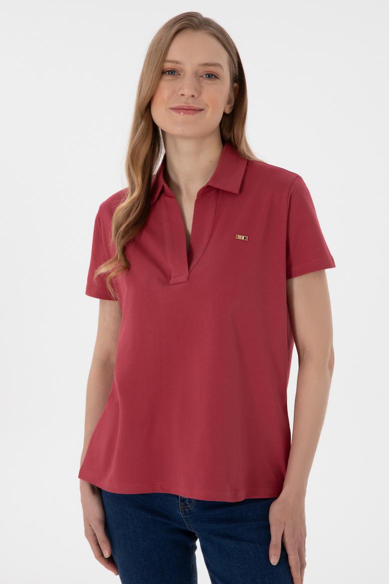 Kadın Vişne Basic Polo Yaka Tişört - 50305700095