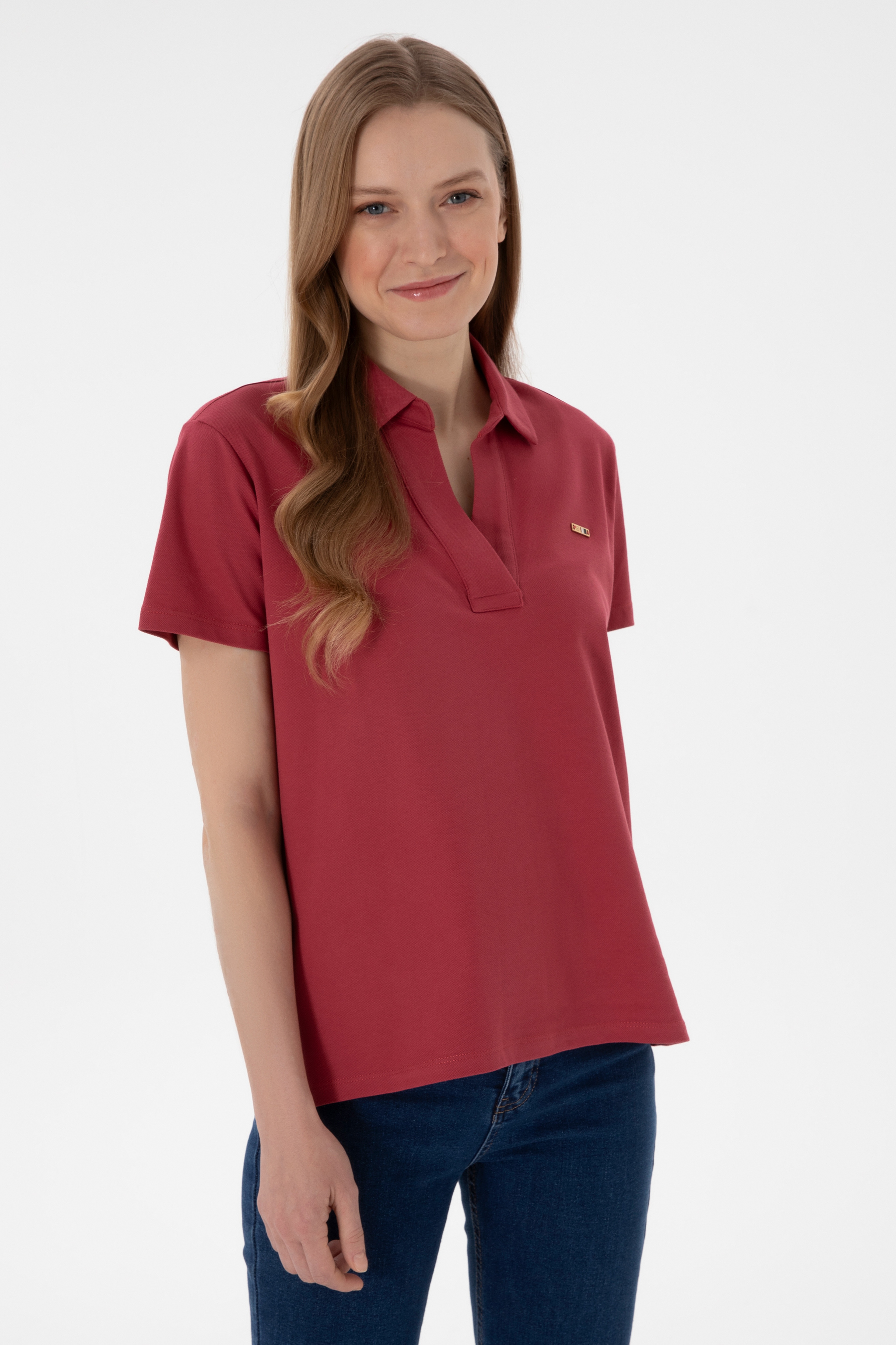 Kadın Vişne Basic Polo Yaka Tişört - Image 2