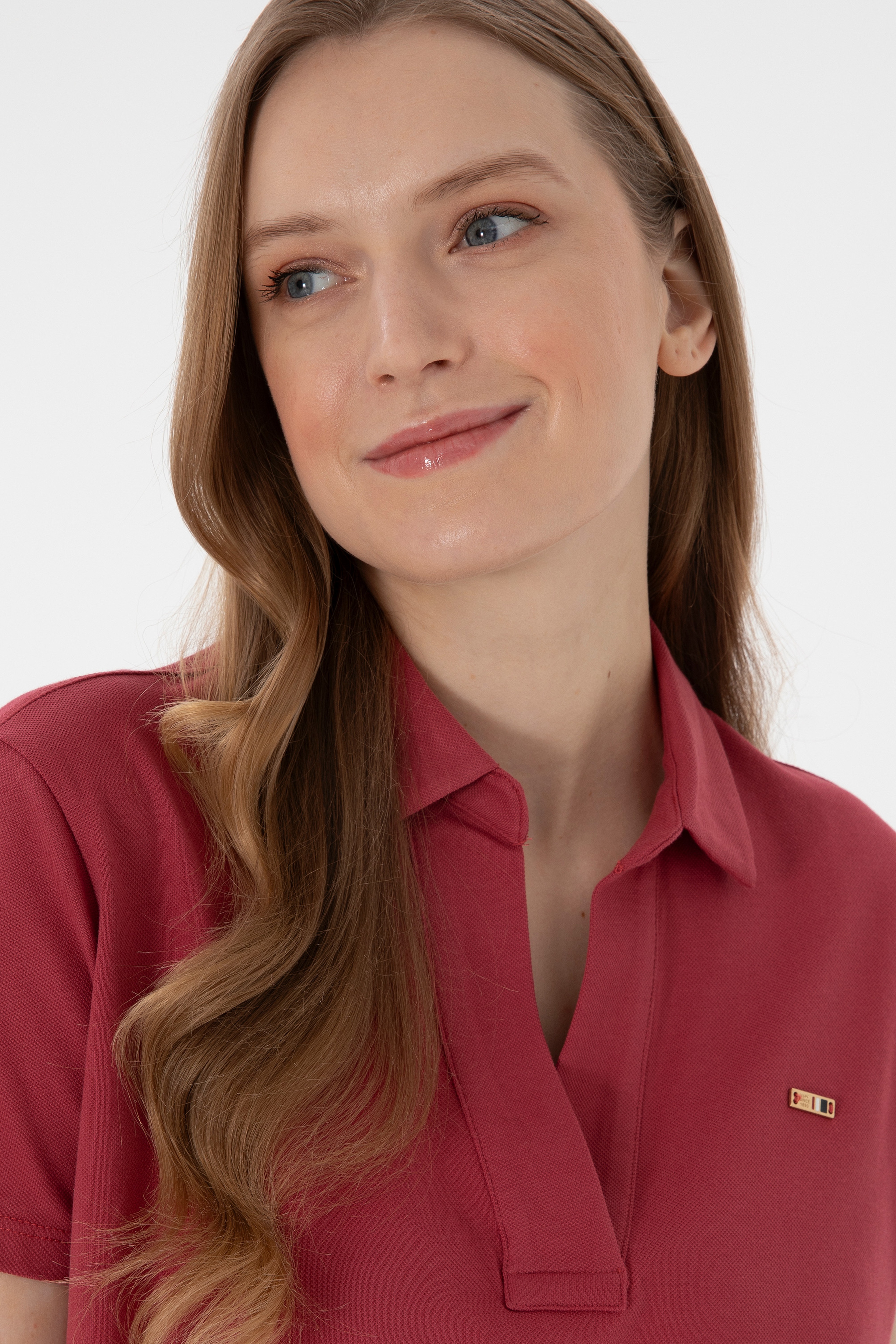 Kadın Vişne Basic Polo Yaka Tişört - Image 3