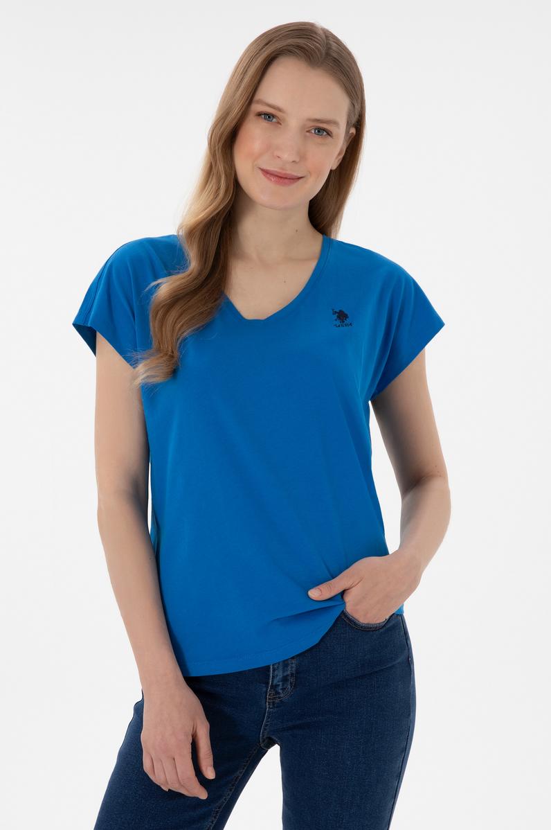 Kadın Kobalt Mavi V Yaka Basic Tişört