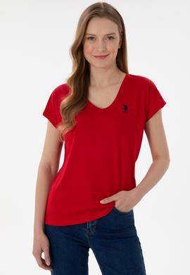 Kadın Kırmızı V Yaka Basic Tişört - 50305825014