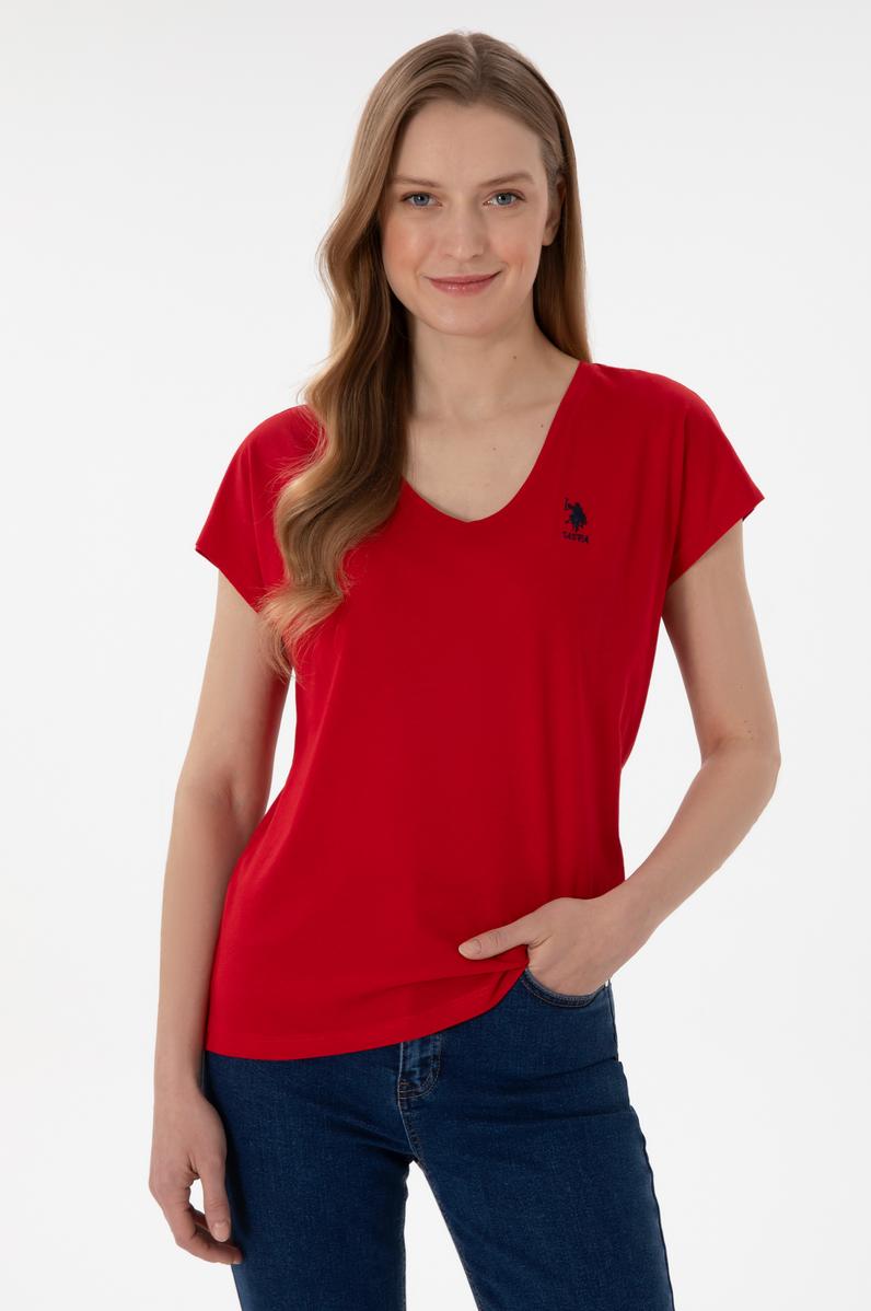 Kadın Kırmızı V Yaka Basic Tişört