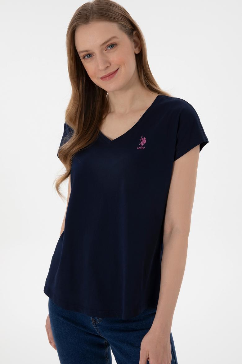 Kadın Lacivert V Yaka Basic Tişört - 50305825017