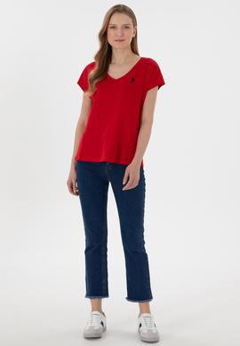 Kadın Kırmızı V Yaka Basic Tişört - 50305825014