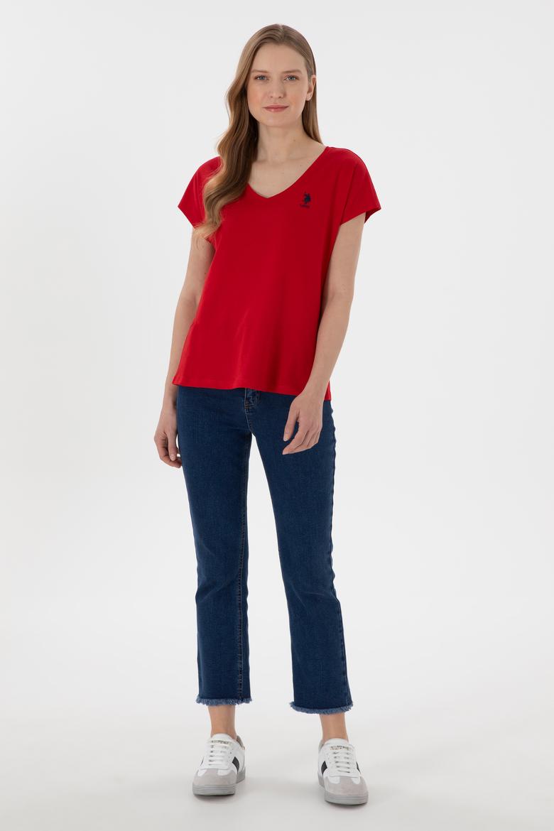 Kadın Kırmızı V Yaka Basic Tişört - 50305825014
