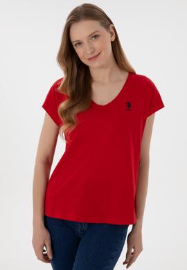 Kadın Kırmızı V Yaka Basic Tişört - 50305825014