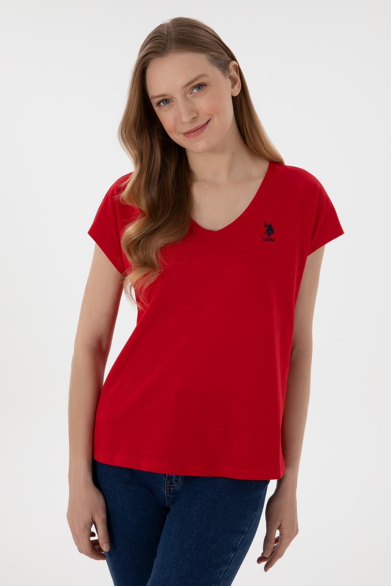 Kadın Kırmızı V Yaka Basic Tişört - 50305825014
