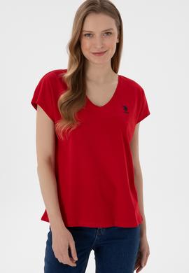 Kadın Kırmızı V Yaka Basic Tişört - 50305825014