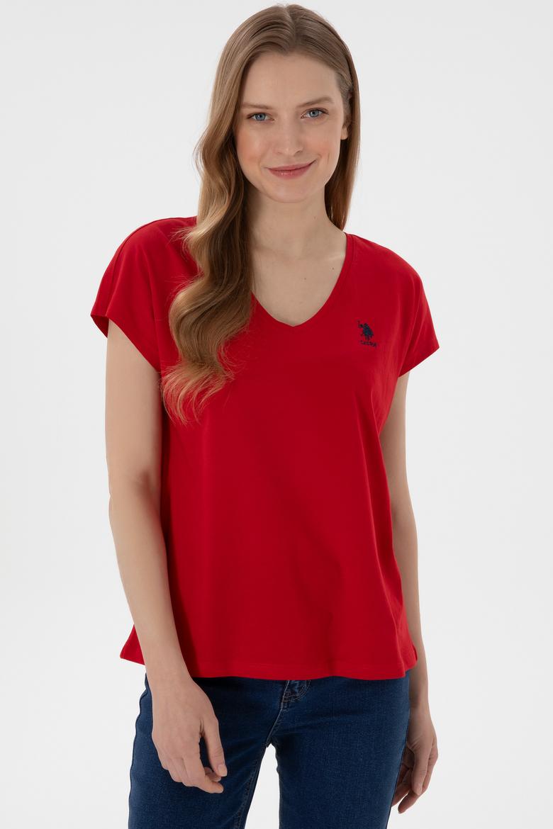 Kadın Kırmızı V Yaka Basic Tişört - 50305825014
