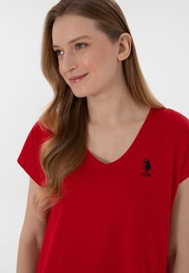 Kadın Kırmızı V Yaka Basic Tişört - 50305825014