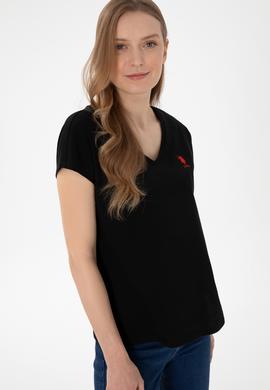 Kadın Siyah V Yaka Basic Tişört - 50305825105