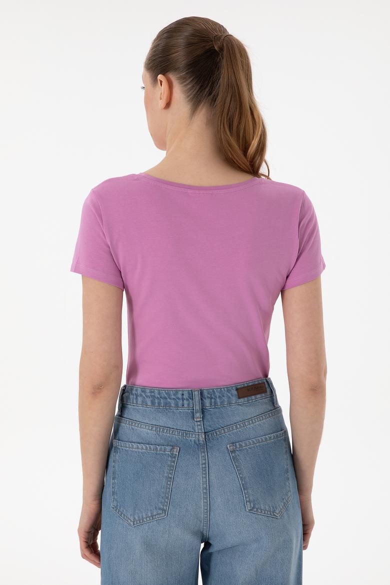 Kadın Fuşya Bisiklet Yaka Tişört - 50297915065