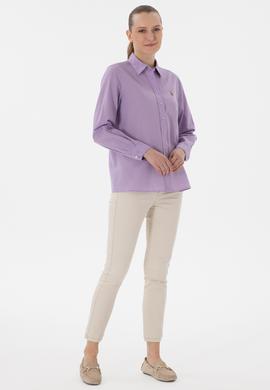 Kadın Lila Keten Karışımlı Uzun Kollu Basic Gömlek - 50298098063