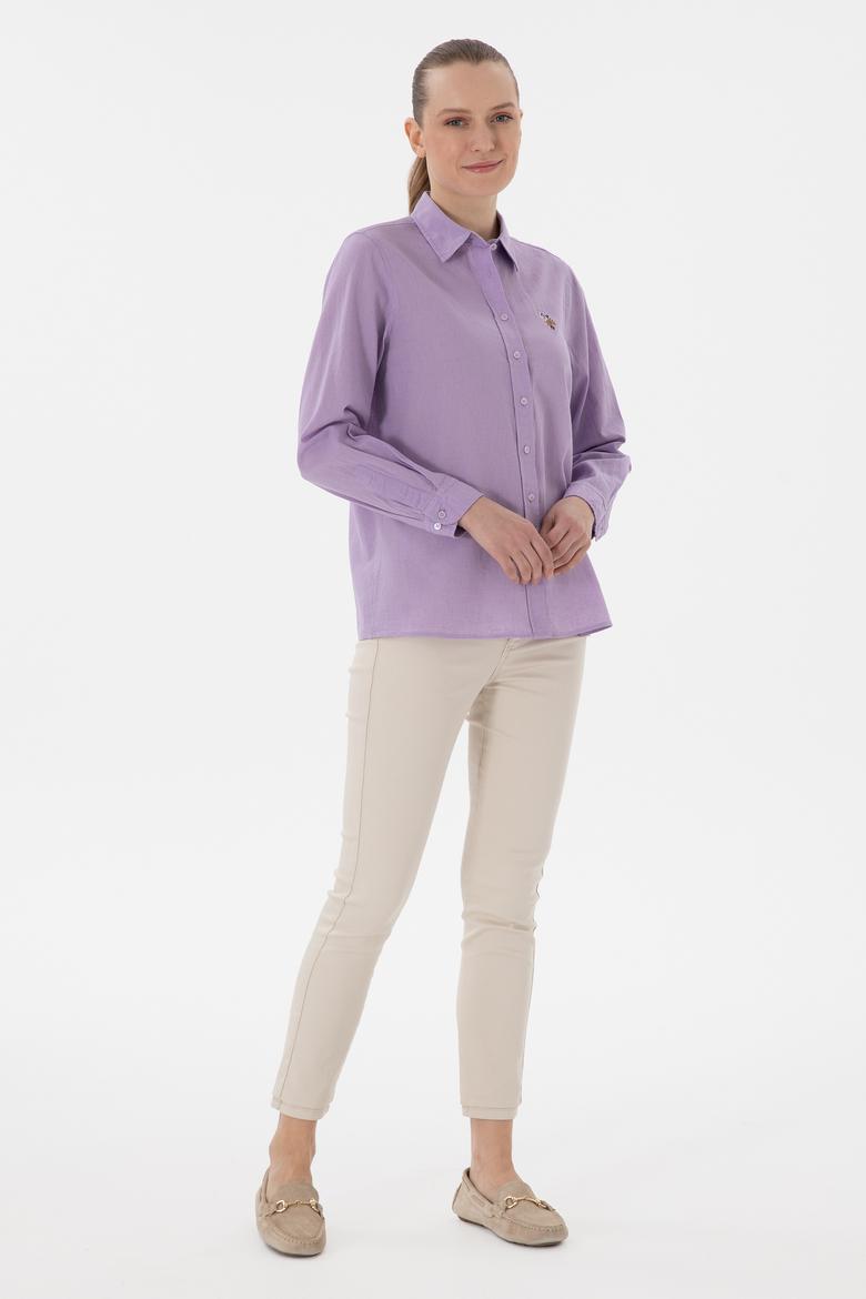 Kadın Lila Keten Karışımlı Uzun Kollu Basic Gömlek - 50298098063
