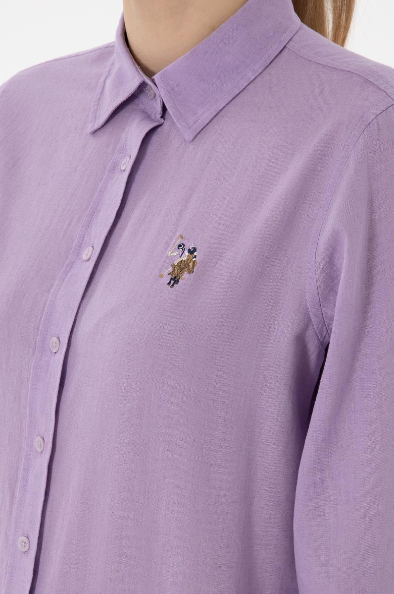 Kadın Lila Keten Karışımlı Uzun Kollu Basic Gömlek