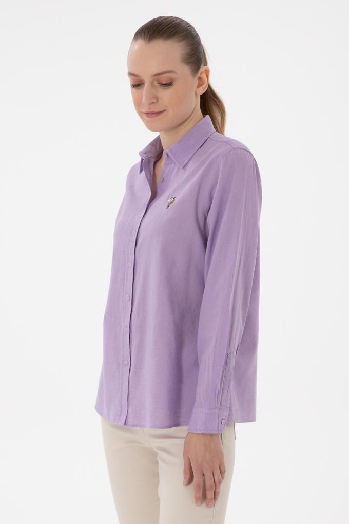 Kadın Lila Keten Karışımlı Uzun Kollu Basic Gömlek