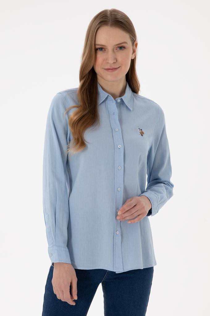 Kadın Açık Mavi Keten Karışımlı Uzun Kollu Basic Gömlek