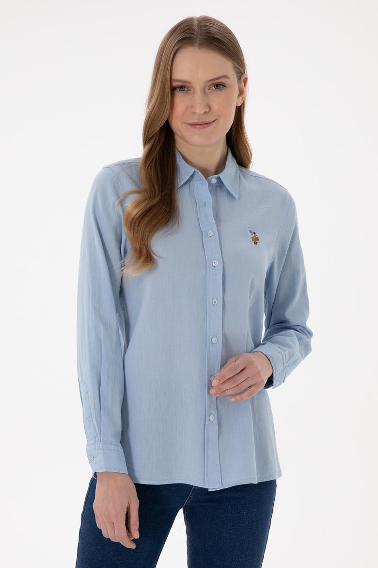 Kadın Açık Mavi Keten Karışımlı Uzun Kollu Basic Gömlek