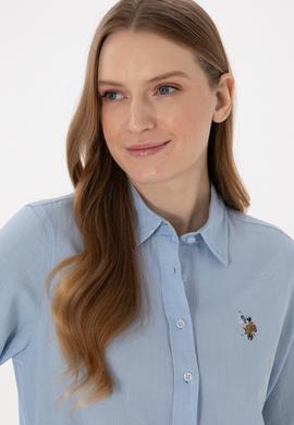 Kadın Açık Mavi Keten Karışımlı Uzun Kollu Basic Gömlek - 50298098011