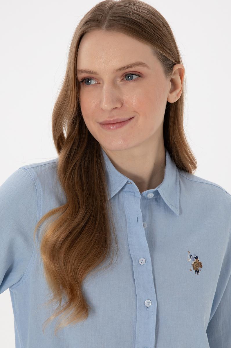 Kadın Açık Mavi Keten Karışımlı Uzun Kollu Basic Gömlek