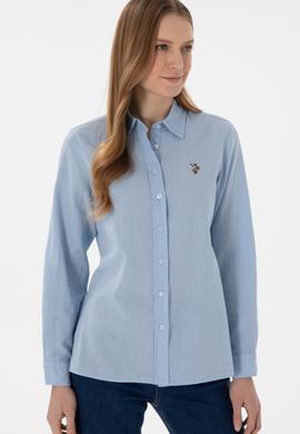 Kadın Açık Mavi Keten Karışımlı Uzun Kollu Basic Gömlek - 50298098011