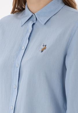 Kadın Açık Mavi Keten Karışımlı Uzun Kollu Basic Gömlek - 50298098011