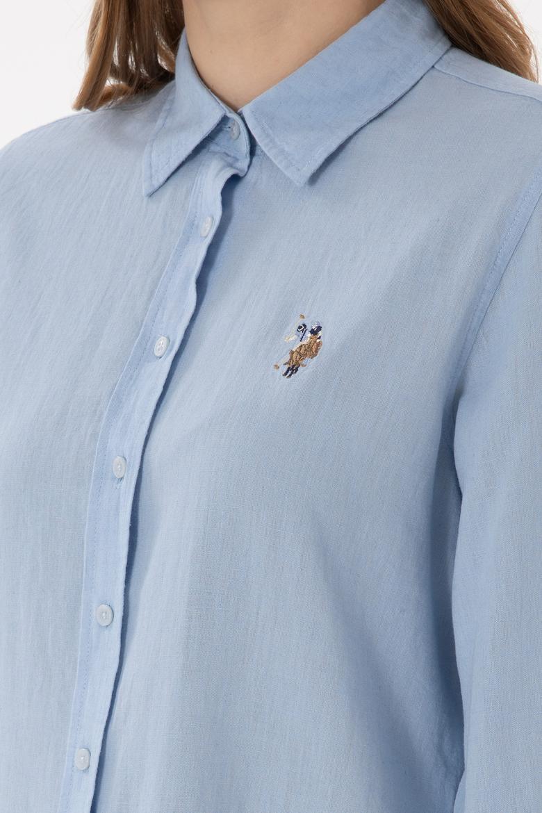 Kadın Açık Mavi Keten Karışımlı Uzun Kollu Basic Gömlek - 50298098011