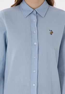 Kadın Açık Mavi Keten Karışımlı Uzun Kollu Basic Gömlek - 50298098011