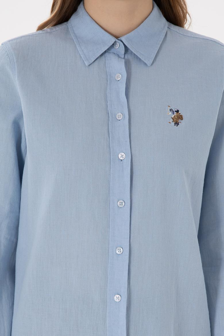 Kadın Açık Mavi Keten Karışımlı Uzun Kollu Basic Gömlek - 50298098011