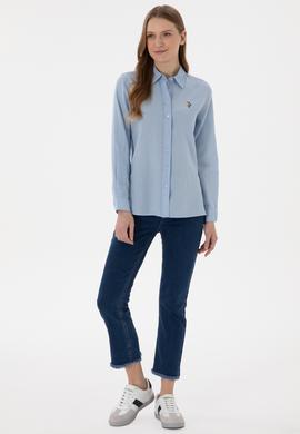 Kadın Açık Mavi Keten Karışımlı Uzun Kollu Basic Gömlek - 50298098011